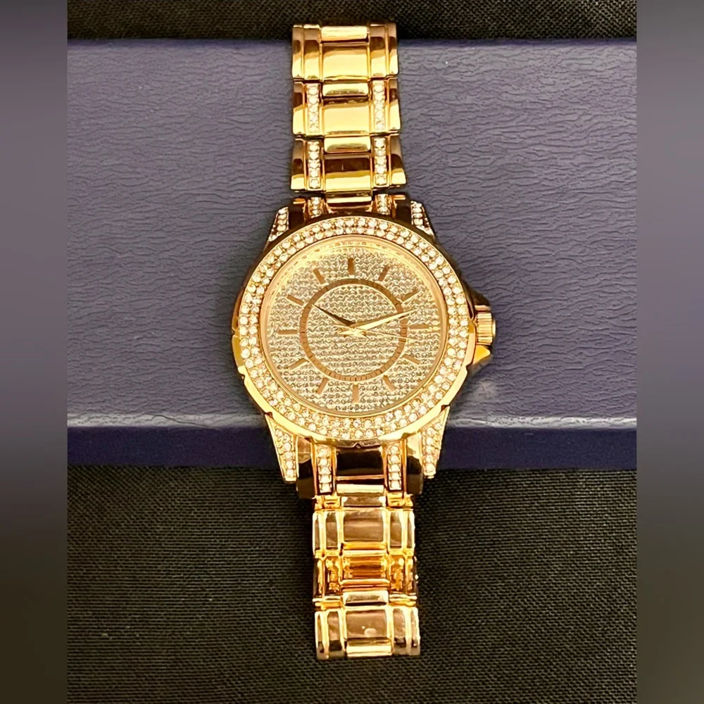 FMDAL Oversized Gold Glitz Watch Iced Out Pavé Rhinestone Statement Bling Glam